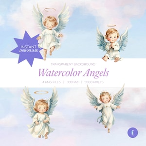 May include: A watercolour illustration of four angels with halos and feathered wings. Each angel is dressed in a white gown, set against a pastel sky. The image includes the text "Watercolor Angels" and "Instant Download."