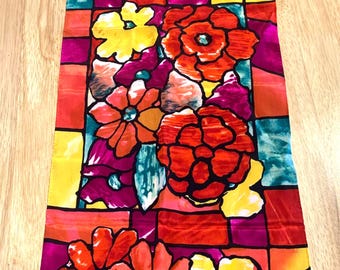 Sciarpa caleidoscopica floreale in seta 100% Oscar De La Renta vintage anni '80