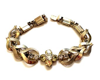 Pulsera vintage Sarah Coventry de 18 cm con eslabones florales de citrino amarillo y diamantes de imitación transparentes, años 50