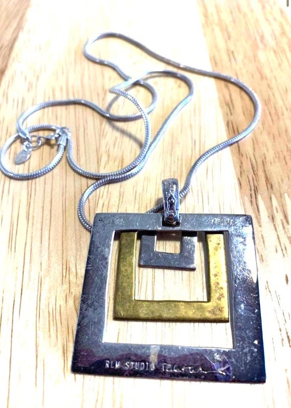 Vintage RLM Studio Sterling Silver Brass Square Pendant Necklace