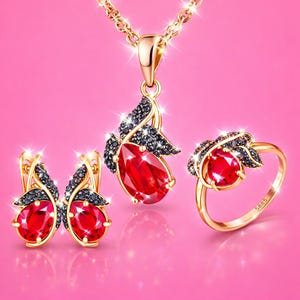 Ruby Jewelry Set 925 Silver Gold Plated Ring Earrings Pendant Necklace Black Zircon