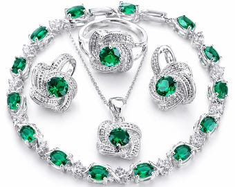 Ensemble de bijoux en argent 925, collier, boucles d'oreilles, bague, bracelet, ensemble de pierres précieuses émeraude verte, cadeau de mariage pour sa femme et sa mère