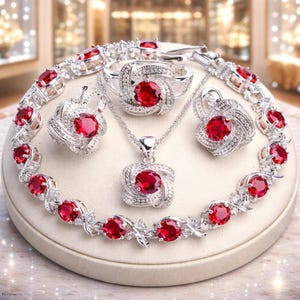 Ensemble de bijoux rubis et zircon en argent sterling 925, bague réglable, cadeau de mariée pour femme, mère, soeur, ensemble de mariage élégant