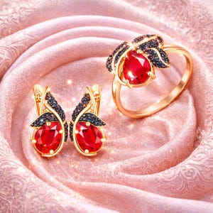 Sterling Silver Ruby Jewelry Set 14K Gold Plated, Rose Gold Ring and Earrings Set, Red Gemstone Bridal Gift for Women, Elegant Matching Set