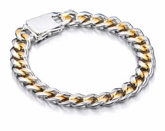 Bracelet gourmette en argent sterling 925 bicolore avec détails dorés et finition polie