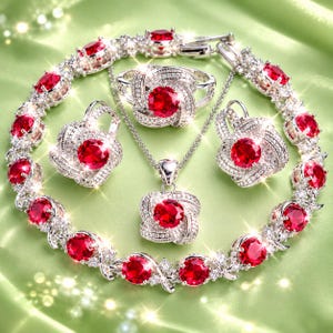 Ruby Inspired Jewelry Set for Women, 925 Sterling Silver Plated Silver Alloy, Red Zircon Necklace Earrings Bracelet Ring