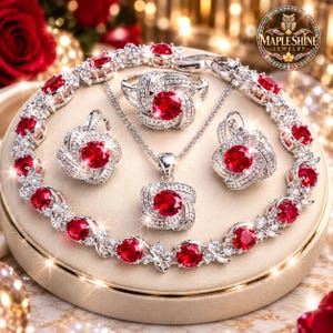 925 Silver Plated Ruby Color Jewelry Set, Red Zircon Necklace, Earrings, Bracelet, Adjustable Ring, Women’s Jewelry