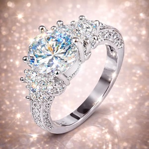 May include: A silver-toned ring featuring a large, round, brilliant-cut centre stone held by four prongs. The band and the sides of the setting are adorned with smaller, round-cut stones, creating a sparkling, multi-stone design.