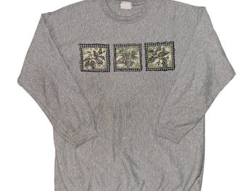 Vintage Holiday Time Gray Christmas Sweatshirt Holly Pinecone Embroidery 18W/20W