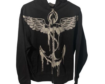 Rothco Mens Black Winged Anchor Graphic Zip Up Hoodie Sweatshirt Medium Distress