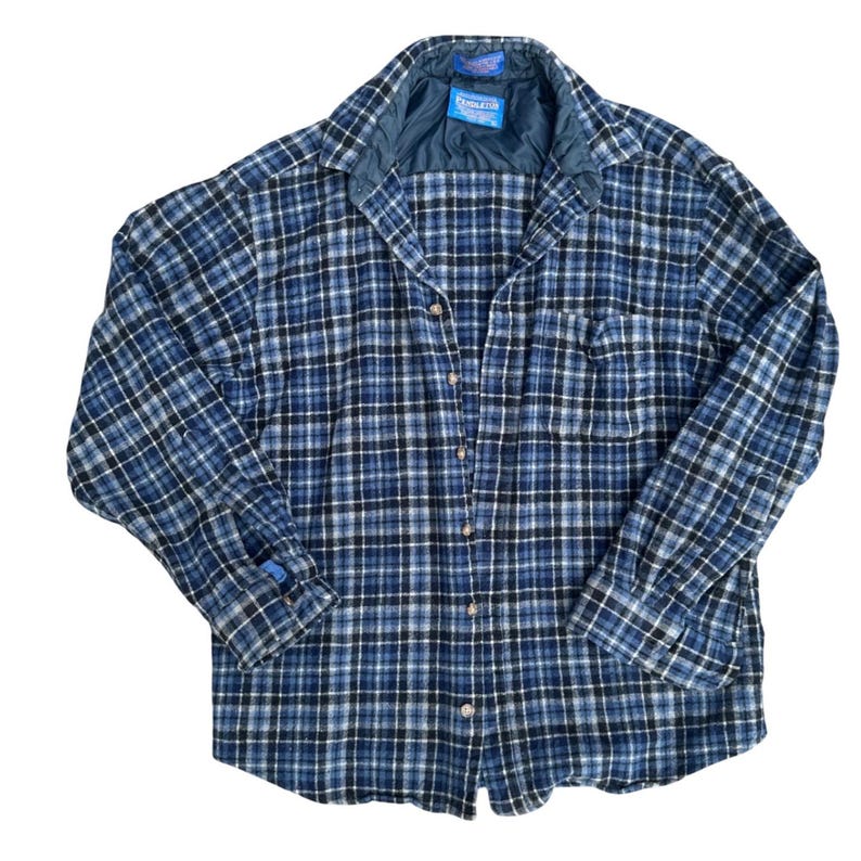 Pendleton Wool Flannel Shirt Jacket Mens XL Blue Black Plaid Quilted Lined Wool image 1