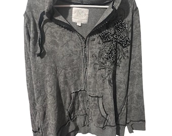 Maurices Premium Gray Acid Wash Rhinestone Cross Zip Up Hoodie Y2K Grunge Size 2