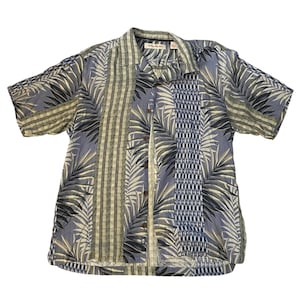 Tommy Bahama Mens M Silk Camp Shirt Blue Palm Leaf Striped Tropical Button Down image 1