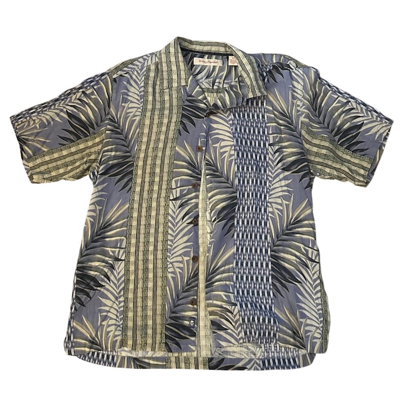 Tommy Bahama Mens M Silk Camp Shirt Blue Palm Leaf Striped Tropical Button Down image 1