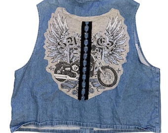 DAK Vintage Denim Biker Vest Blue Sleeveless Graphic Motorcycle Wings USA Made