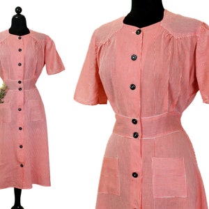 1940s dress // Sugar Cookie vintage 1940s red striped cotton day dress house dress // XL