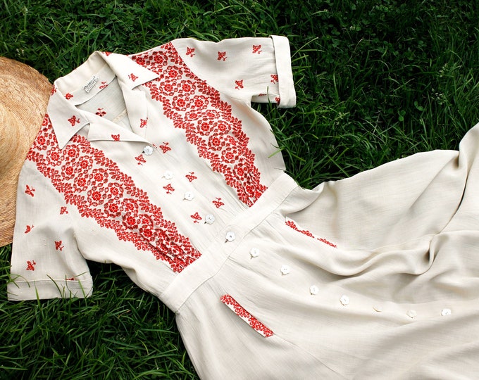 Featured listing image: Amanita Muscaria // 1940s linen and eyelet New York Creations dress Sm/Md