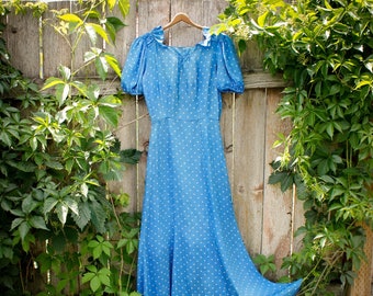 1930s silk dress // Forget-Me-Not vintage 1930s blue dotted silk full length gown // XS SM