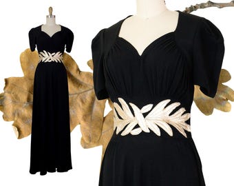 Goldleaf // 1940s black rayon dress formal gown with gilded appliqué // Sm