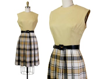 Banana Cream // 1960s yellow plaid two tone day dress by Mode O' Day // Sm 26" waist