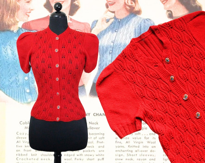 Featured listing image: Red Letter Day // 1940s style handknit wool sweater top // Sm Md