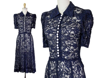 Night Blooms // 1930s blue floral lace dress // Md