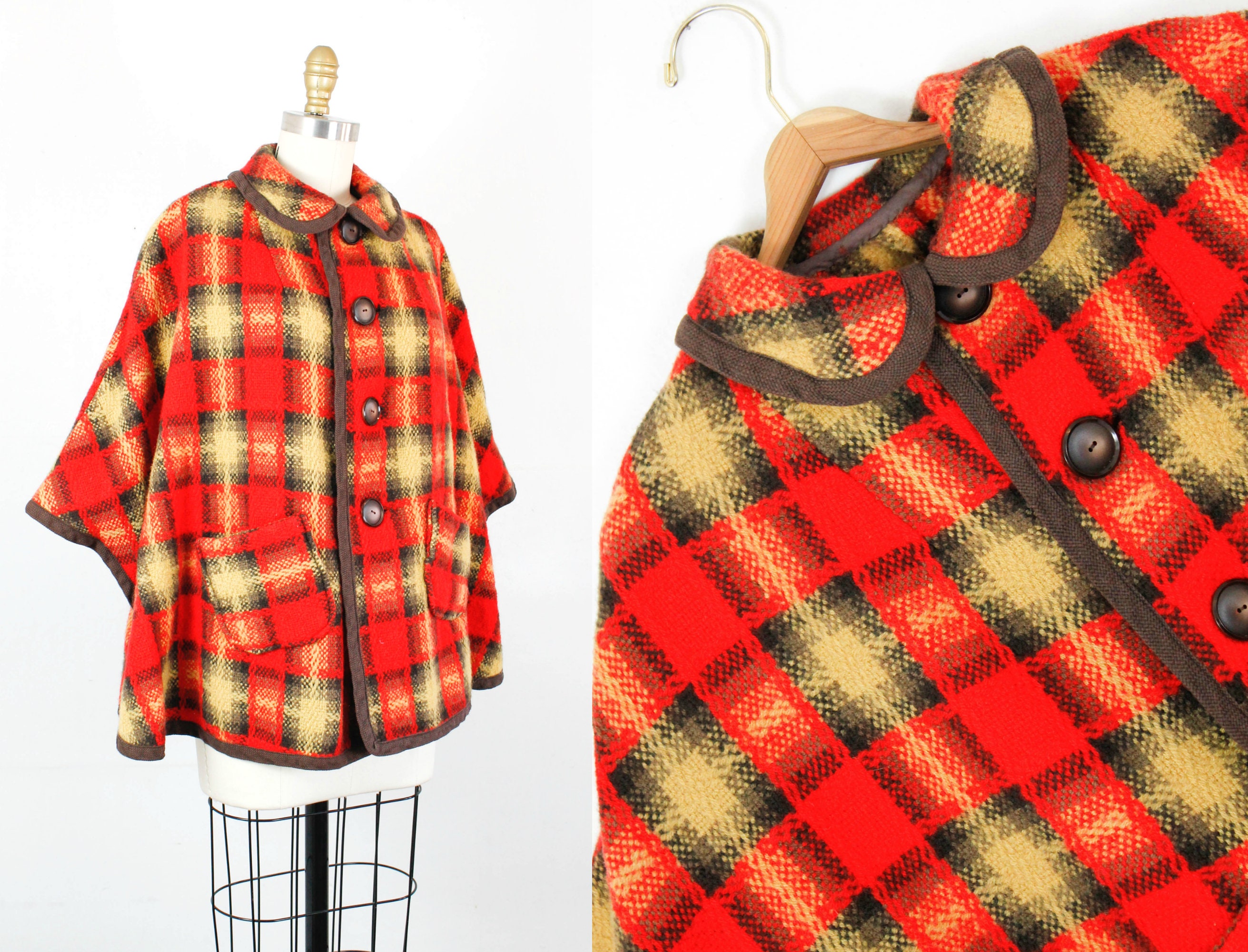 Turning Leaves . 1960s plaid poncho style cape . md / lg