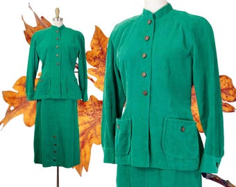 Emerald City // 1940s green corduroy skirt and jacket by American Junior // Md
