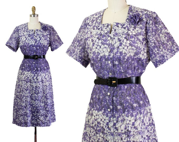 Featured listing image: Shy Violet // 1950s purple floral print voile dress // Lg