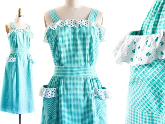 1940s dress // Turquoise Plaid and Eyelet vintage