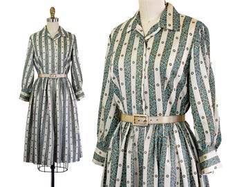 1950s shirtwaist dress // Visiting Versailles vintage 1950s blue and gold striped shirtwaist party dress // Sm