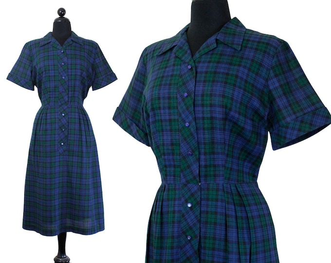 Featured listing image: Highland Lass // 1950s Black Watch Plaid Cotton Shirtwaist Dress // Lg XL