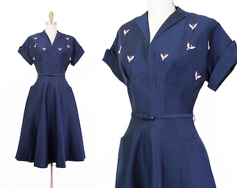 All a Flutter // 1950s navy blue and pink gabardine dress sm
