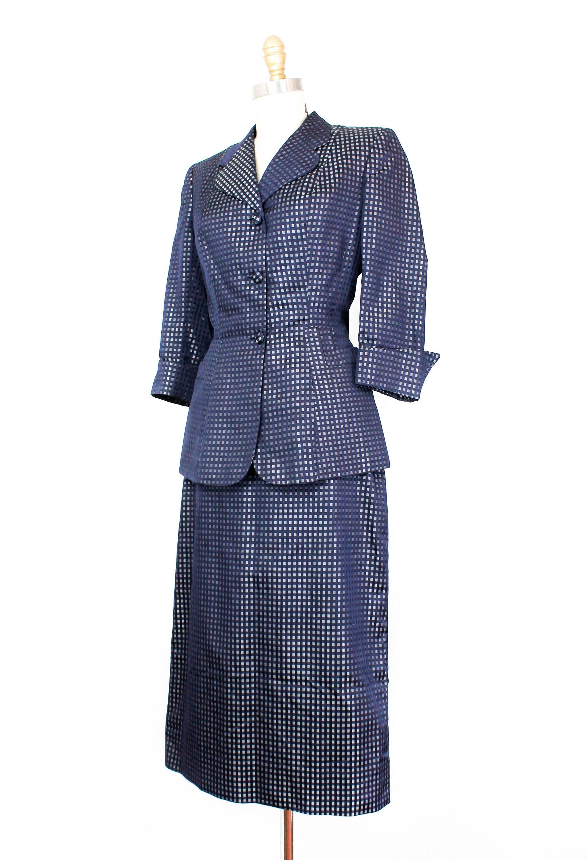 1940s suit // Blue Moon checkered damask vintage 1940s satin skirt suit ...