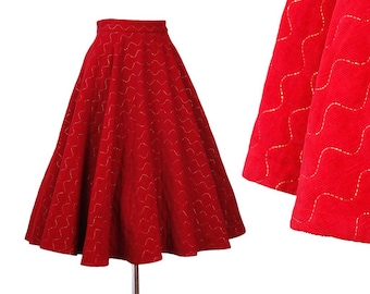 Ribbon Candy // 1950s red and gold quilted corduroy full circle skirt Sm