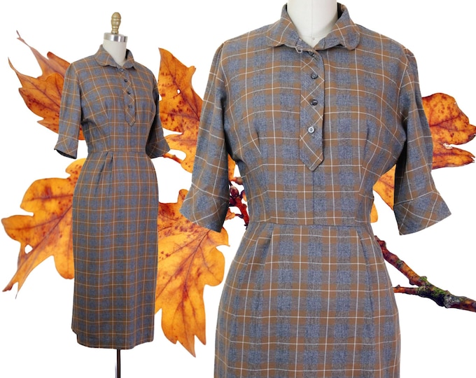 Featured listing image: Smokey Mountain // vintage 1950s fine wool plaid sheath dress // Sm