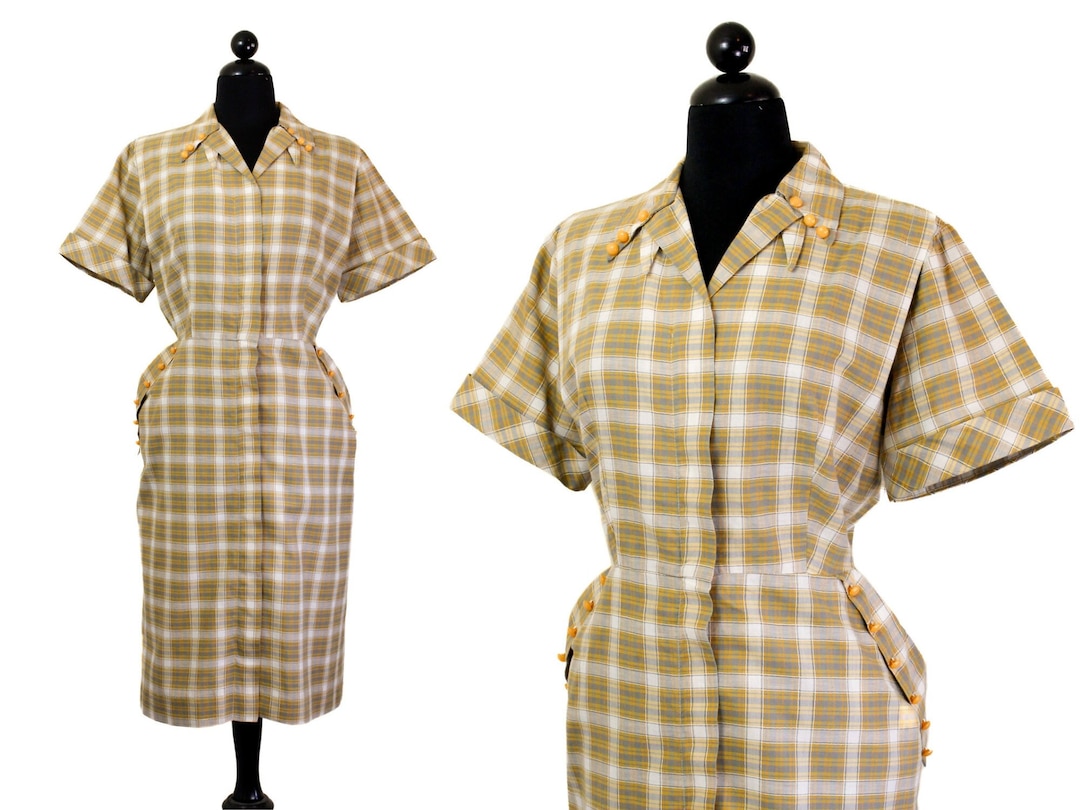 Medium 1950s Orange Plaid Day Dress