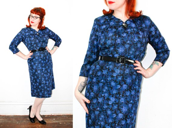 Vintage 1950s dress . Blue Rose Waltz . 1950s blue