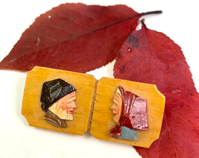 Featured listing image: Young at Heart // 1950s 1960s folk art hand carved wooden brooch of couple