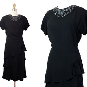 1940s black dress // Bijou vintage 1940s black rayon dress with rhinestones and draped skirt Md