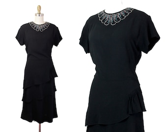 1940s black dress // Bijou vintage 1940s black rayon dress with rhinestones and draped skirt Md