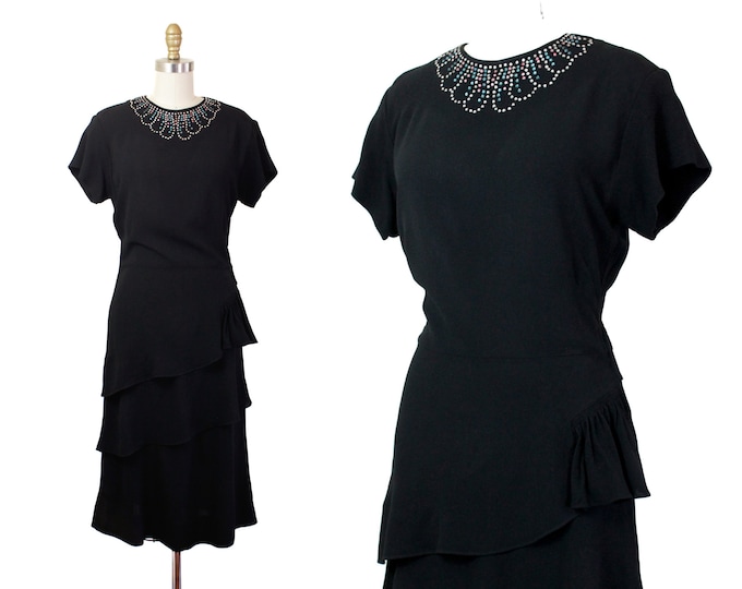 Featured listing image: Bijou // 1940s black rayon dress with rhinestones and draped skirt Md