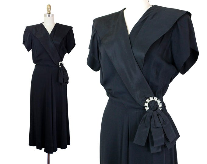 Featured listing image: Thoroughbred // vintage 1940s black rayon and satin dress with hip swag // Md