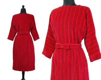 Licorice Whips vintage // 1950s red and black striped corduroy sheath dress md / lg