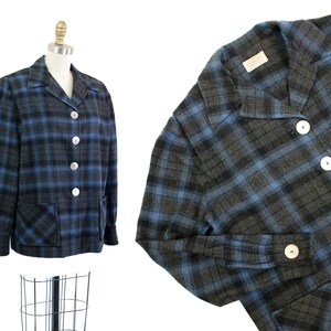 1950s Pendleton 49er // Cascades vintage 1950s blue and black plaid wool shirt jacket  // Lg Xl