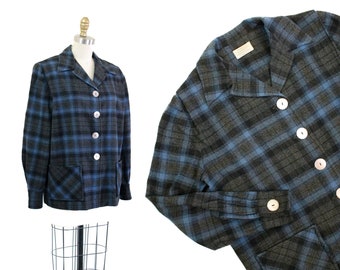 The Cascades // 1950s blue and black plaid Pendleton 49er wool shirt jacket  // Lg Xl