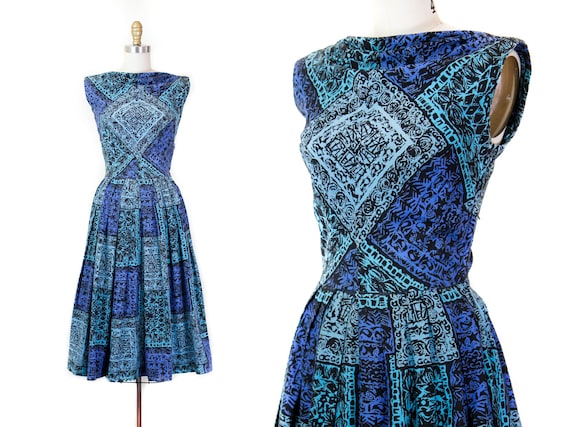 1950s blue dress // Modern Art blue batik print vi