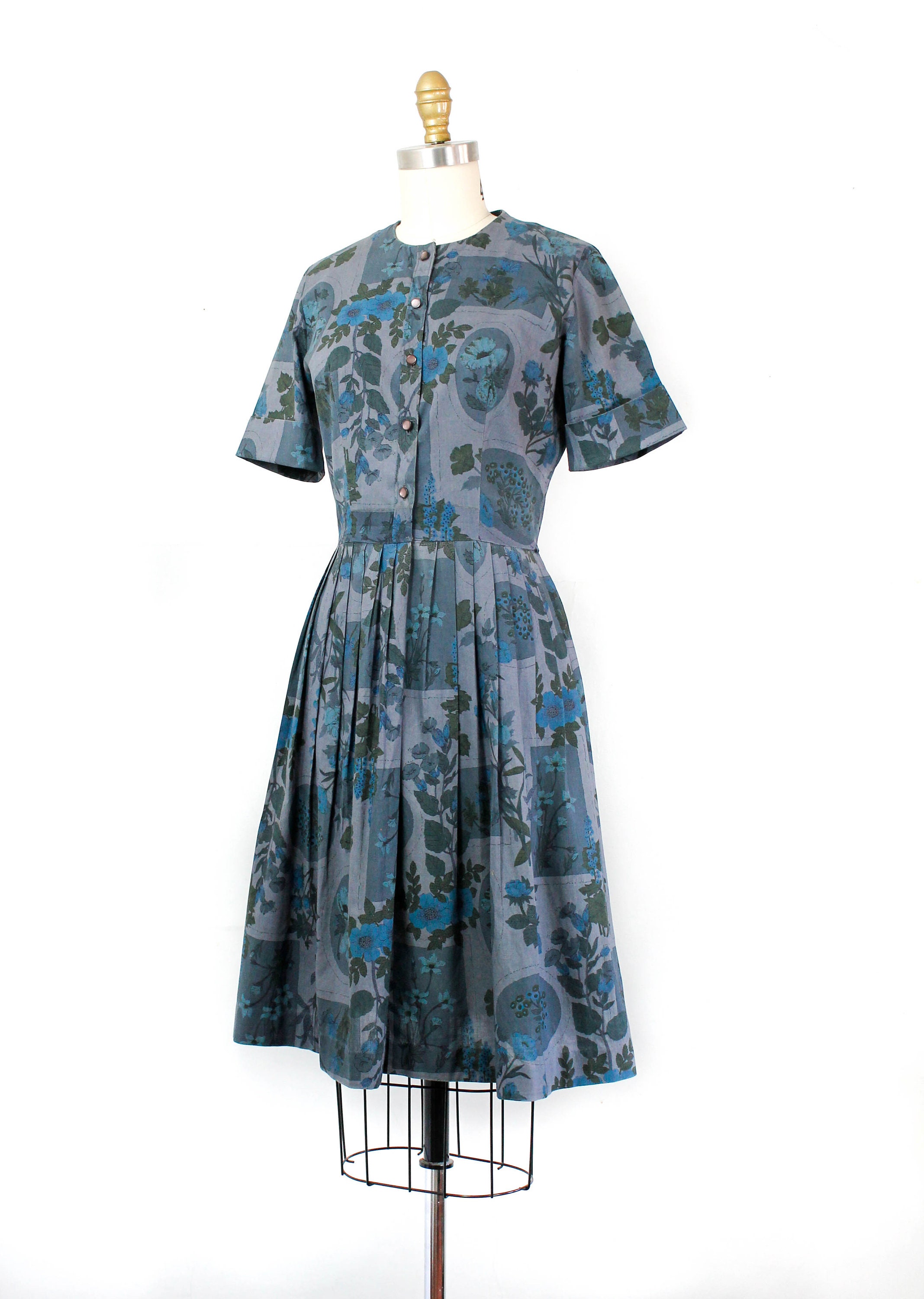 1960s blue dress // Blue Rose vintage 60s floral print dress . sm / small