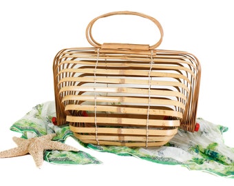 Rare 1940s handmade Japanese bamboo basket purse // Lobster cage purse