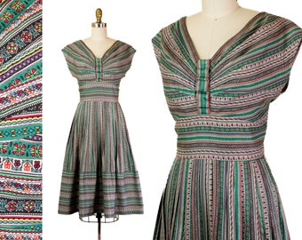 Ribbon Candy // 1950s polished cotton striped party dress Md